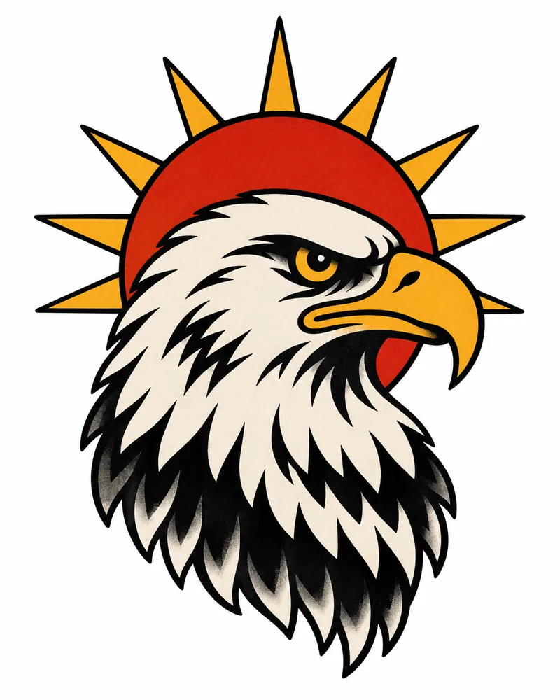 American traditional eagle head tattoo design with a sun behind it