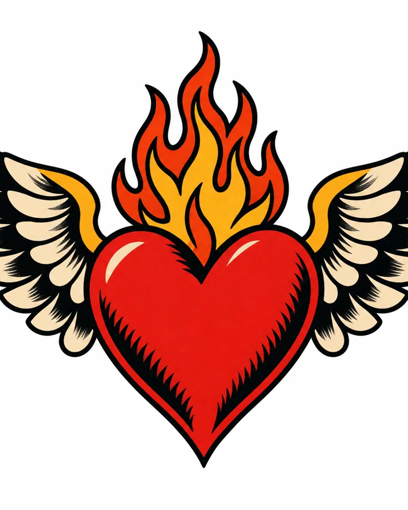 American traditional flaming winged heart tattoo design