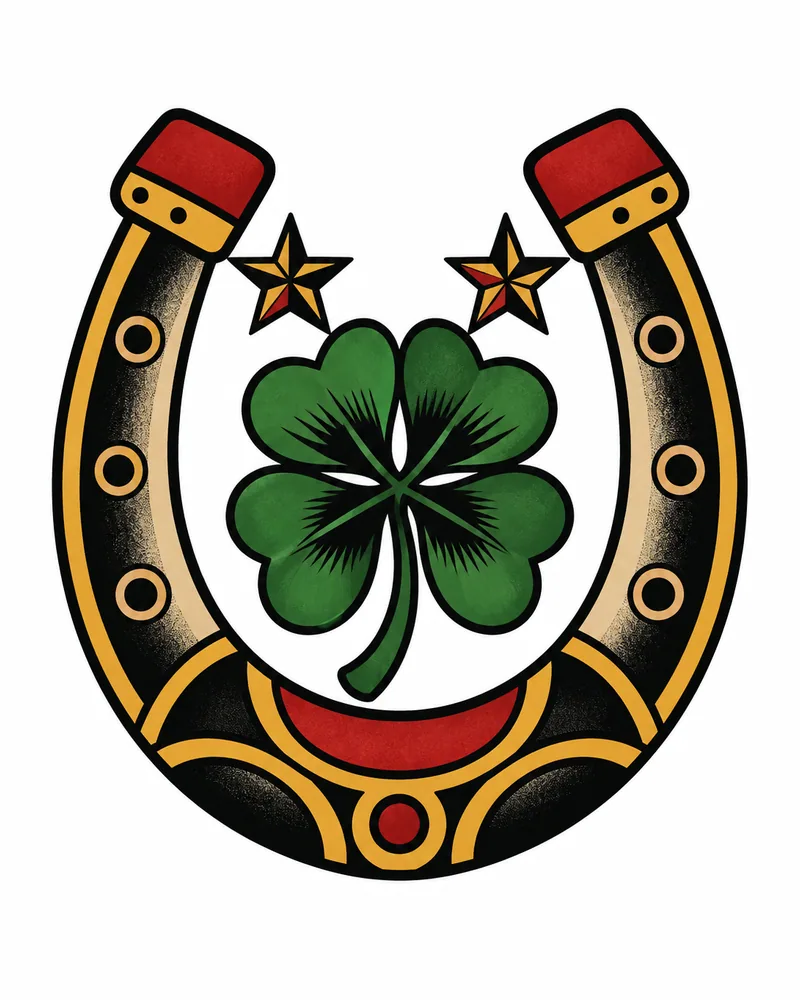 American traditional horseshoe and clover tattoo design in color