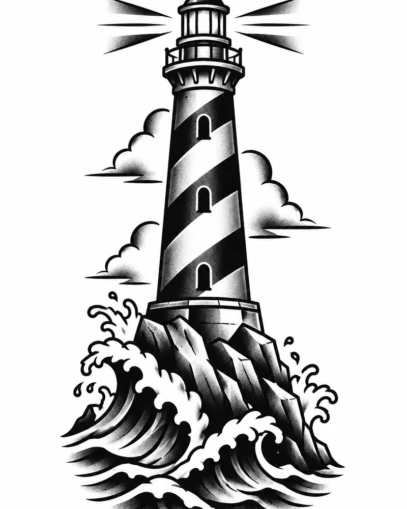 American traditional lighthouse tattoo design in black and grey