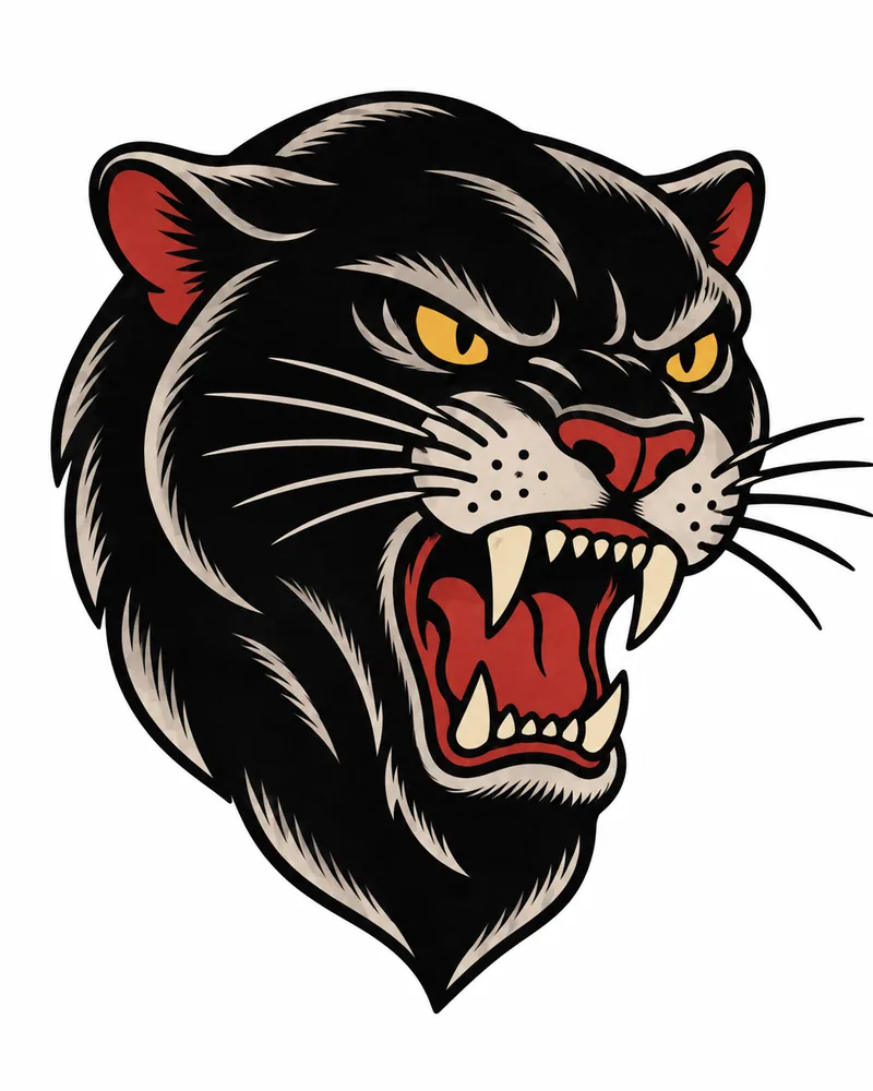 American traditional panther head tattoo design roaring, black with red and mustard