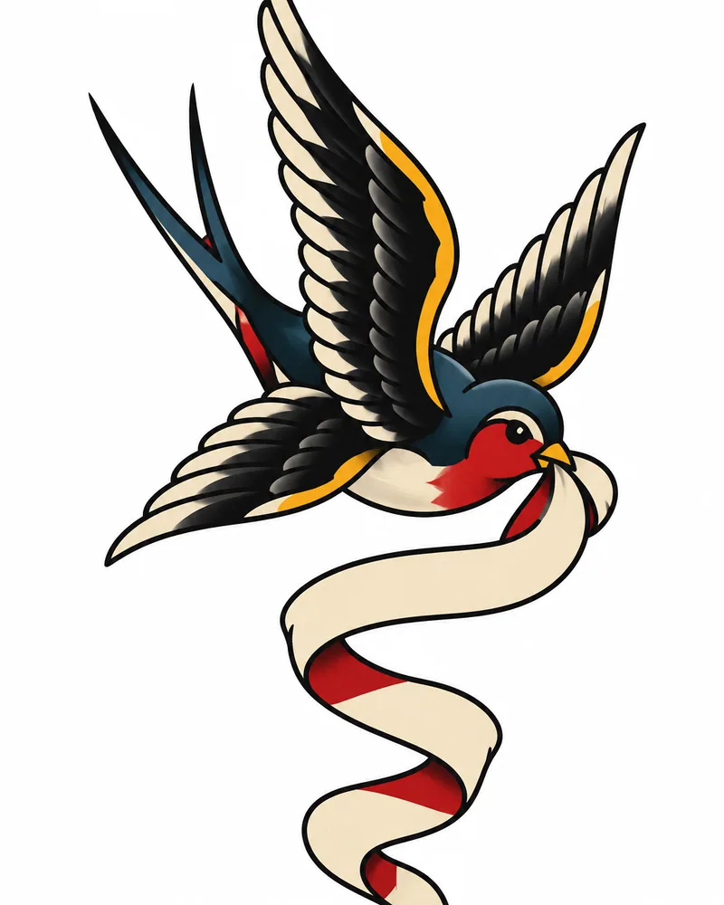 American traditional swallow tattoo design with a ribbon, in classic flash colors