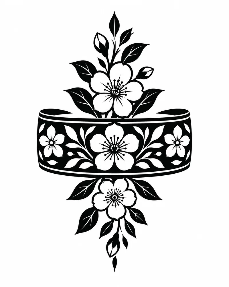 Blackwork band tattoo design with cut-out flowers