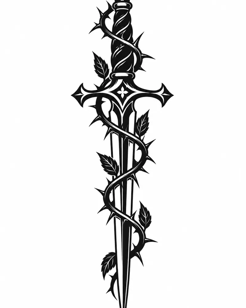 Blackwork dagger and thorny vine tattoo design