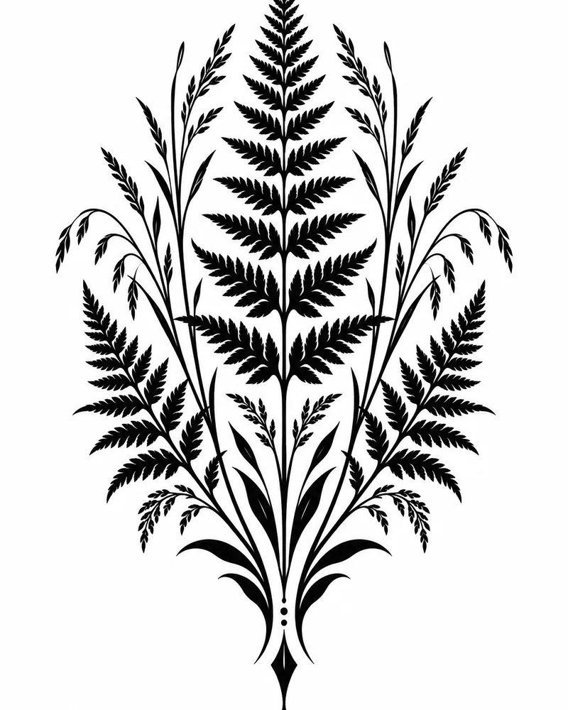 Blackwork fern silhouettes tattoo design, planned as a back piece