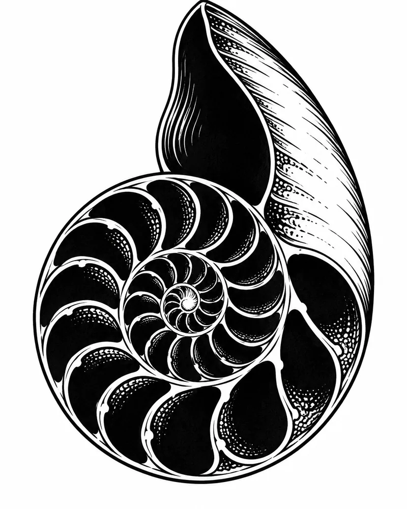 Blackwork nautilus shell tattoo design