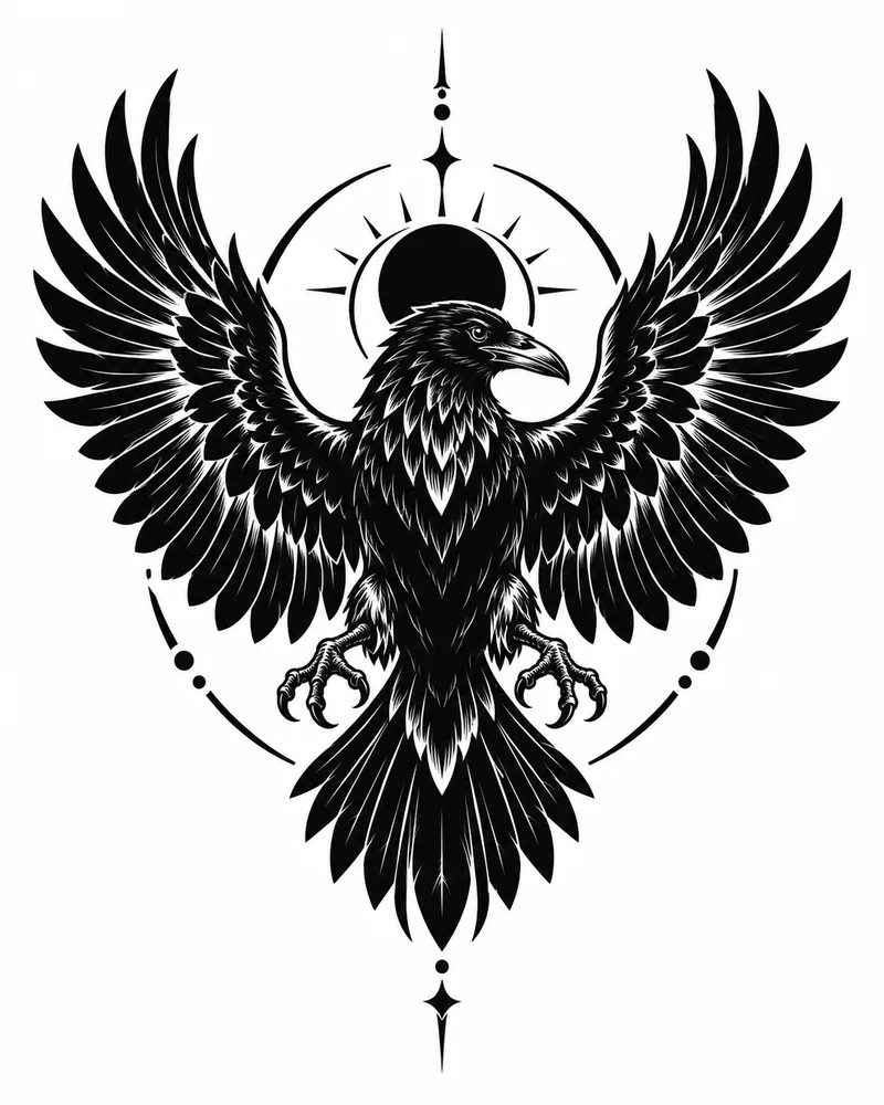 Blackwork raven with spread wings tattoo design