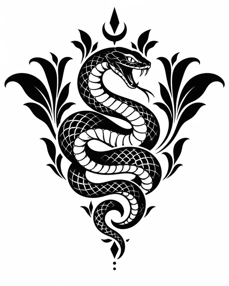 Blackwork ornamental snake spiral tattoo design, for the hand