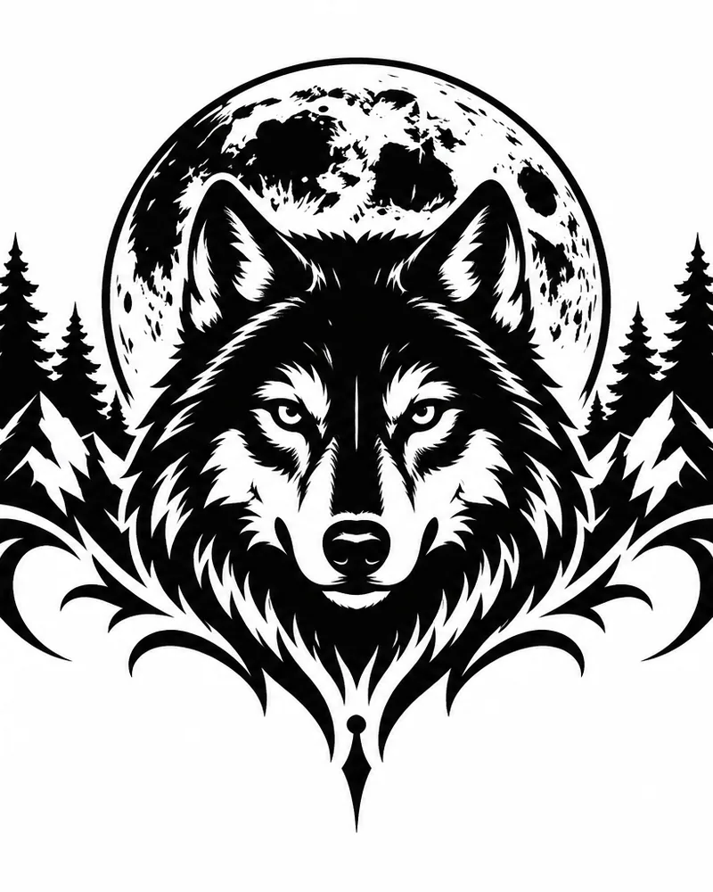 Blackwork wolf and full moon tattoo design, planned as a chest piece