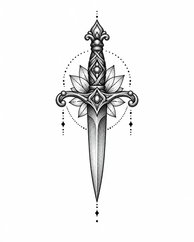 Dotwork filigree dagger tattoo design, for the wrist