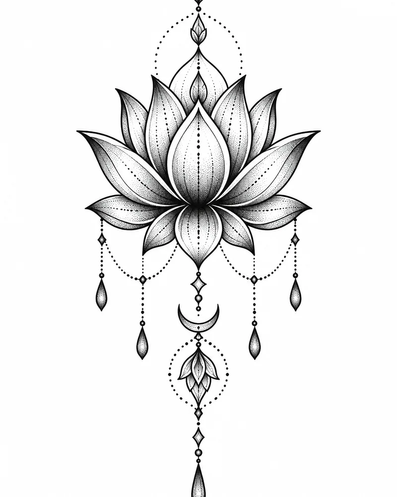 Dotwork lotus with filigree drops tattoo design