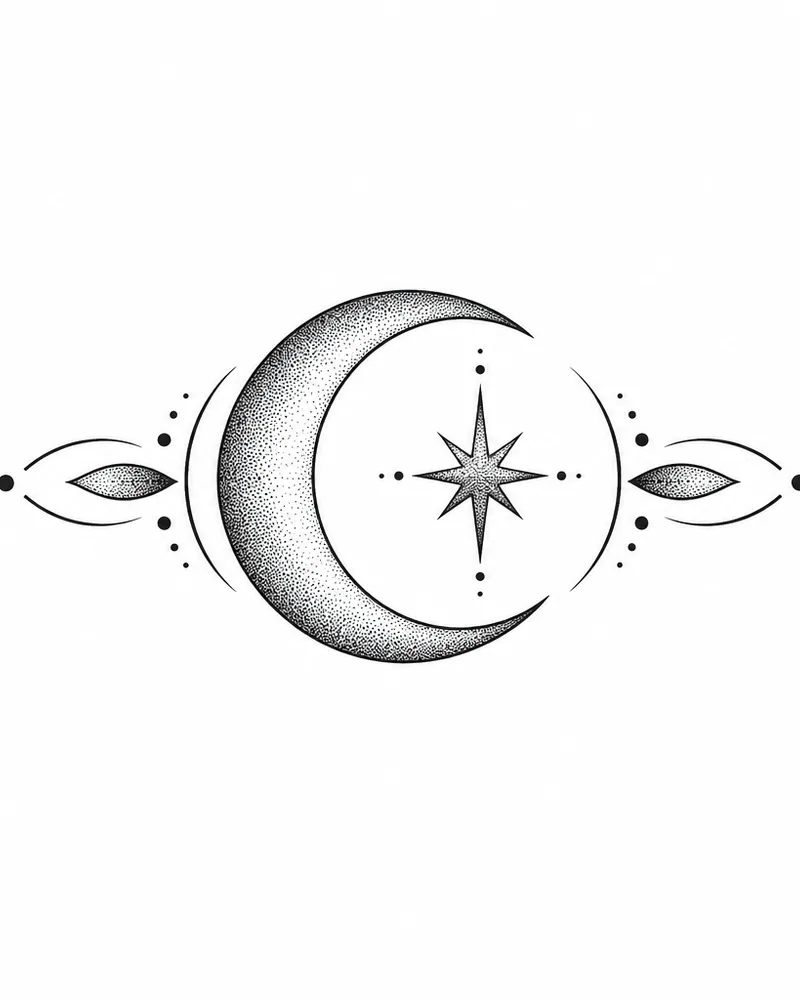 Dotwork crescent moon and star tattoo design, for the ankle