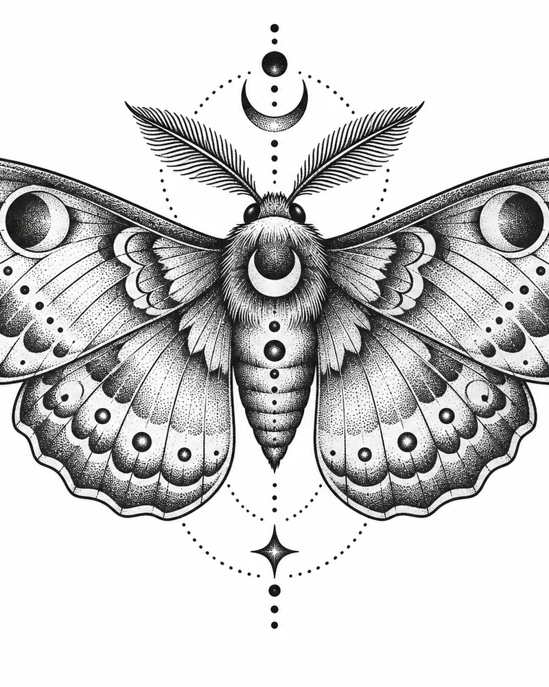 Dotwork patterned moth tattoo design, planned as a chest piece