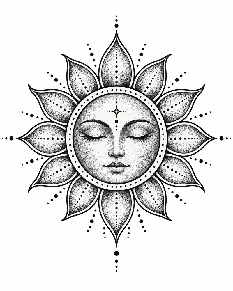 Dotwork sun with petal rays tattoo design