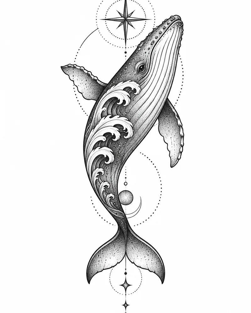 Dotwork whale with wave patterns tattoo design