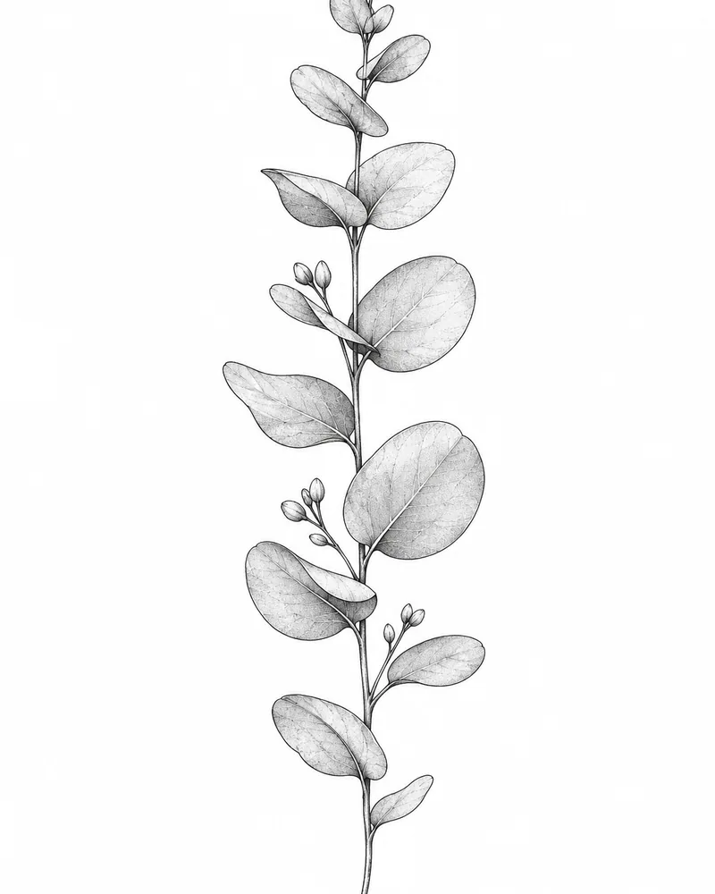 Fine line eucalyptus stem tattoo design, black ink, for the forearm