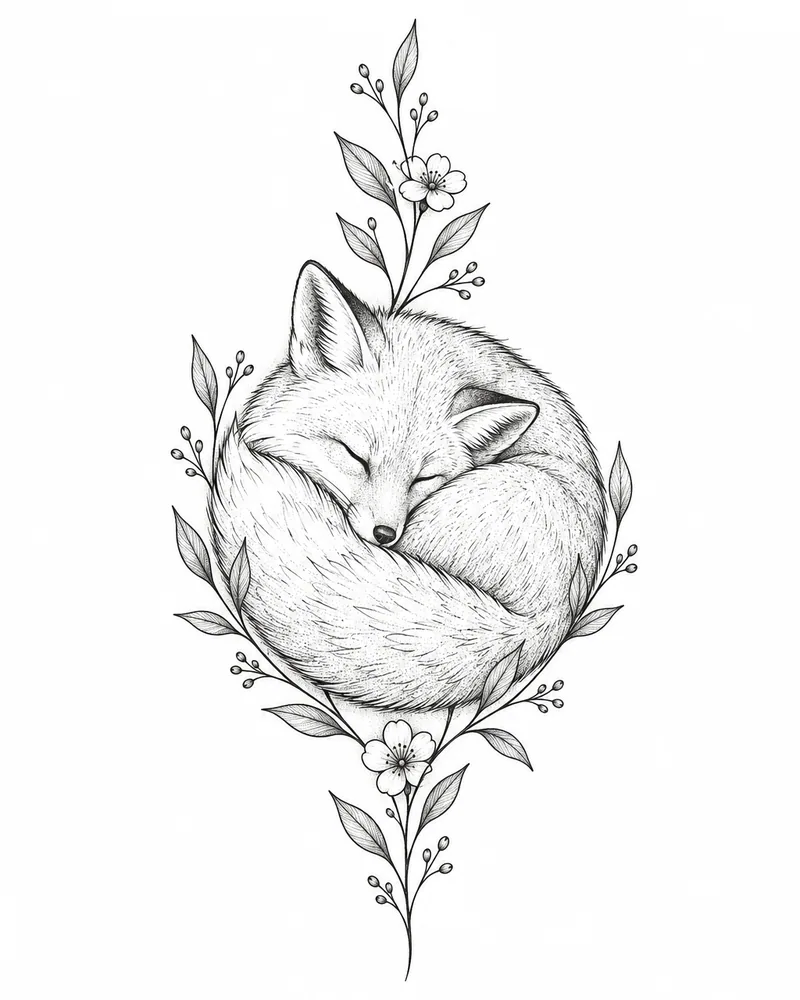 Fine line sleeping fox tattoo design, for the back of the neck