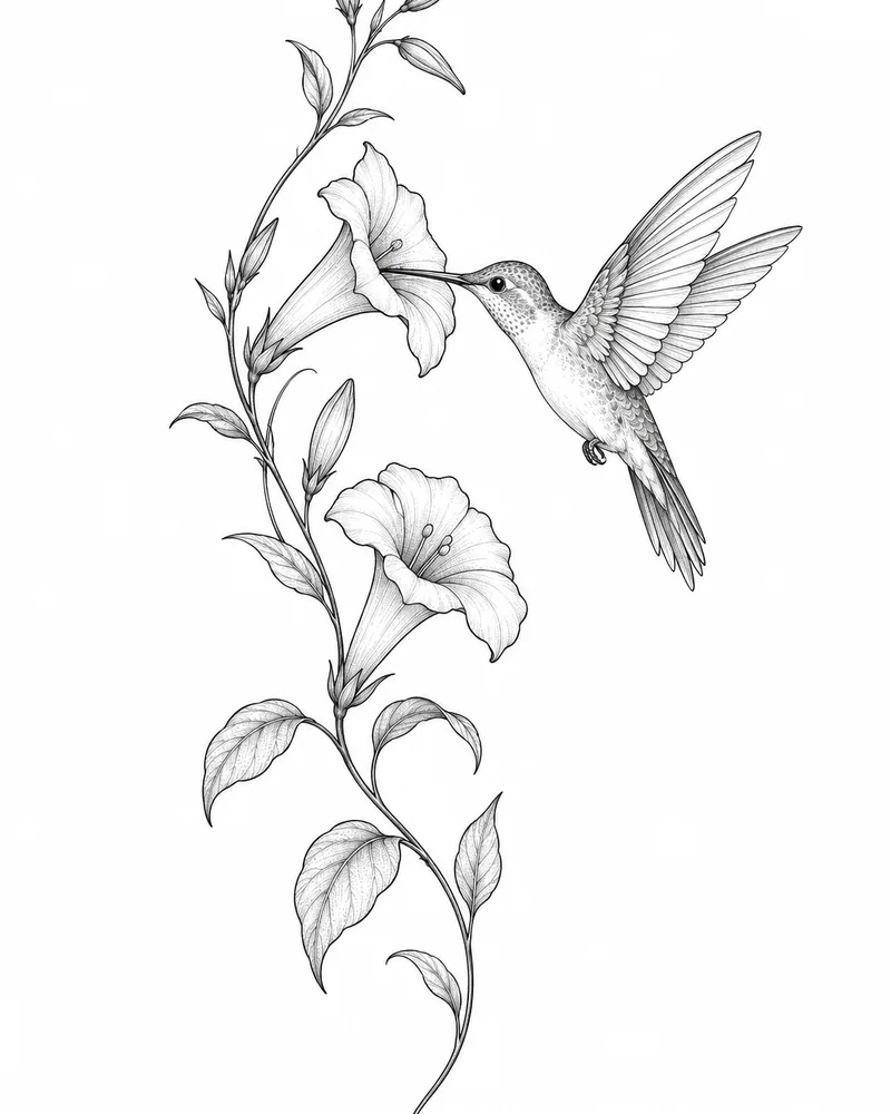 Fine line hummingbird and trumpet flower tattoo design