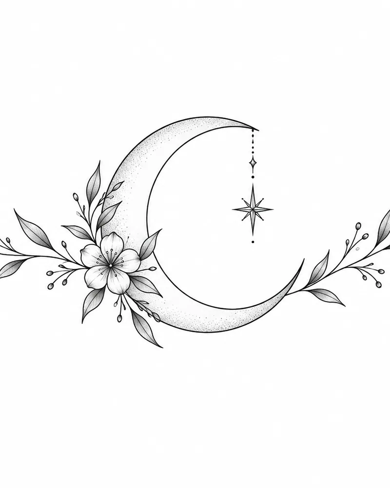 Fine line crescent moon and star tattoo design, for the ankle