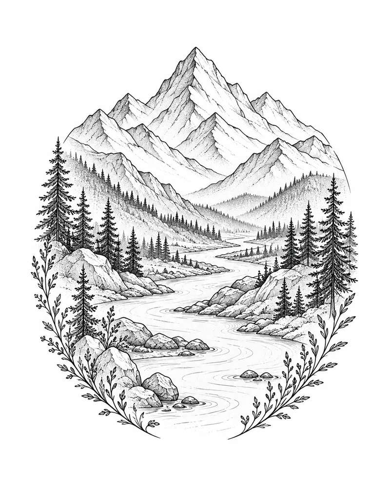 Fine line mountain and river tattoo design, for the upper arm