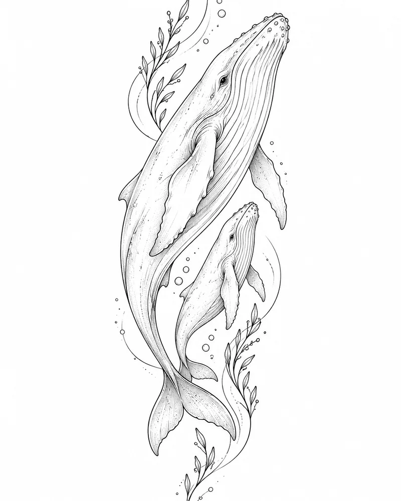 Fine line whale and calf tattoo design, for the forearm