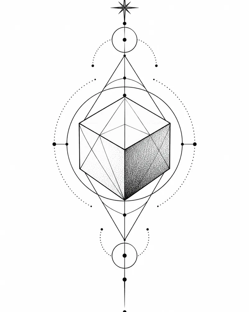 Geometric isometric cube tattoo design with dot shading
