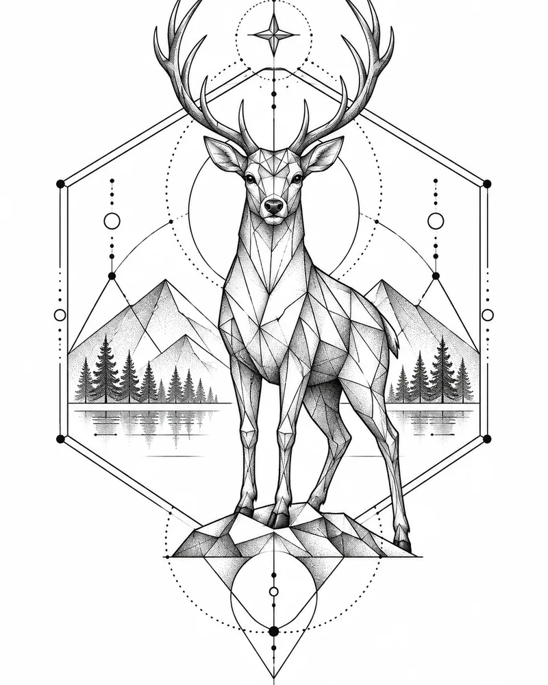 Geometric deer in a hexagon tattoo design, planned as a back piece