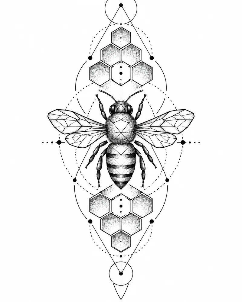 Geometric honeycomb and bee tattoo design