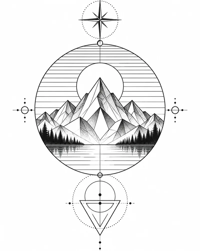 Geometric mountain in a circle tattoo design