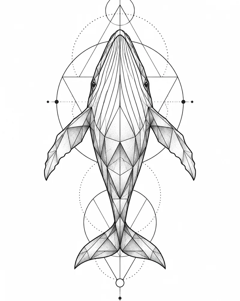 Geometric whale tattoo design of interlocking shapes