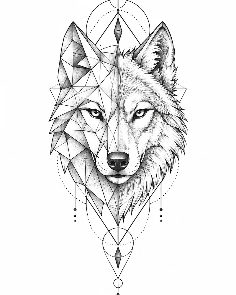Geometric split wolf head tattoo design