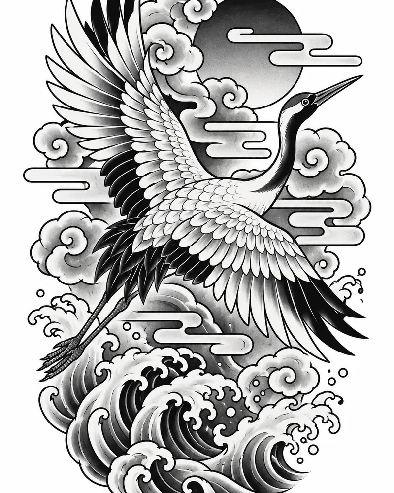 Japanese crane over waves tattoo design in black and grey