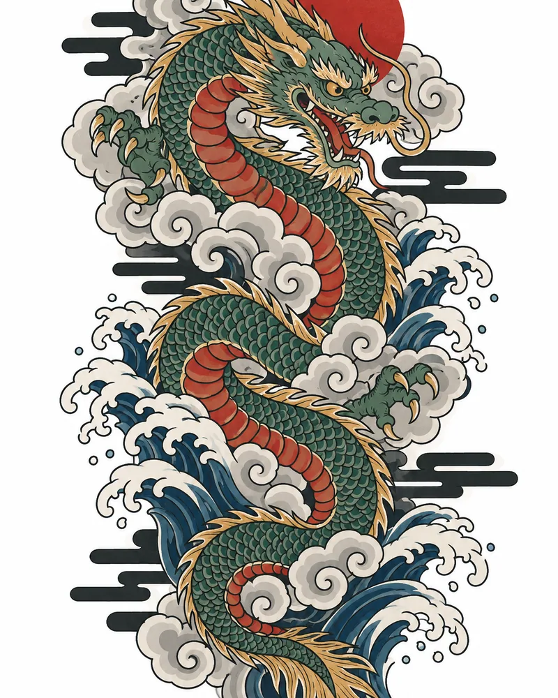 Japanese dragon sleeve tattoo design through clouds and waves, in color