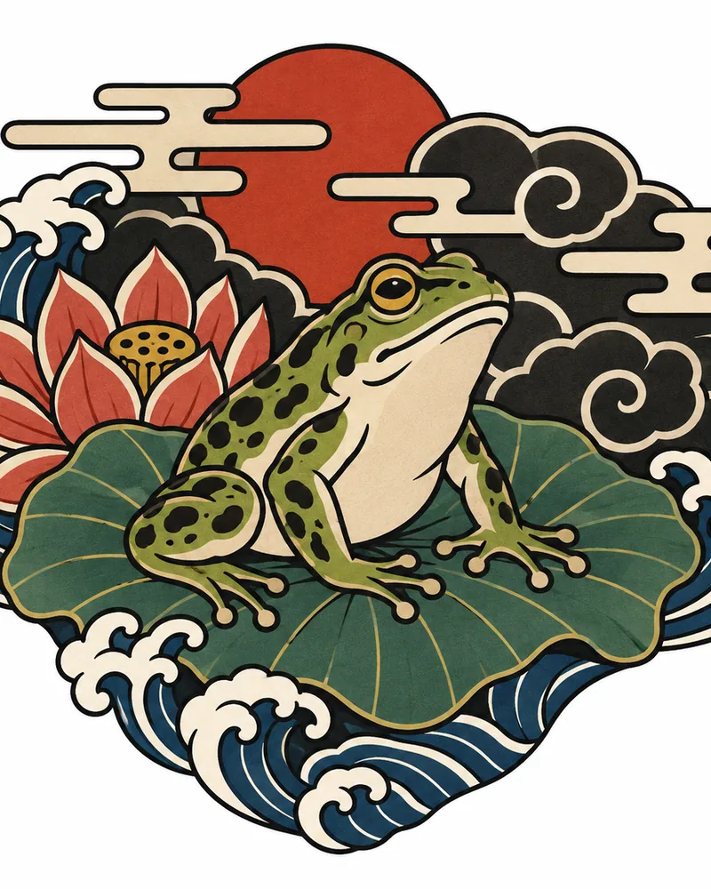 Japanese frog on a lotus leaf tattoo design