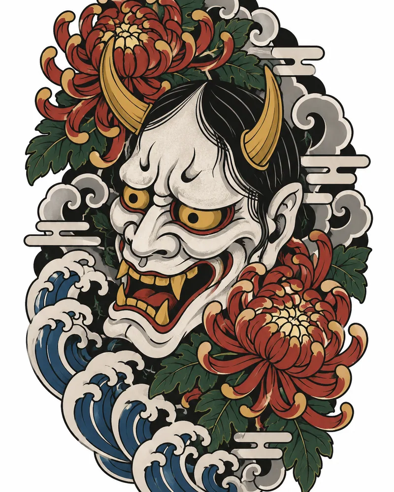 Japanese hannya mask tattoo design with chrysanthemums