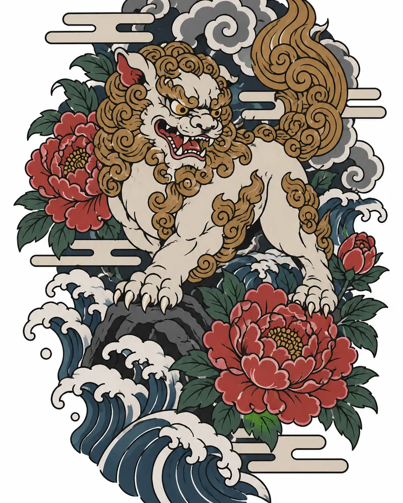 Japanese guardian lion-dog tattoo design with peonies