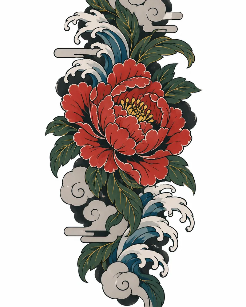 Japanese peony tattoo design with swirling leaves, in color