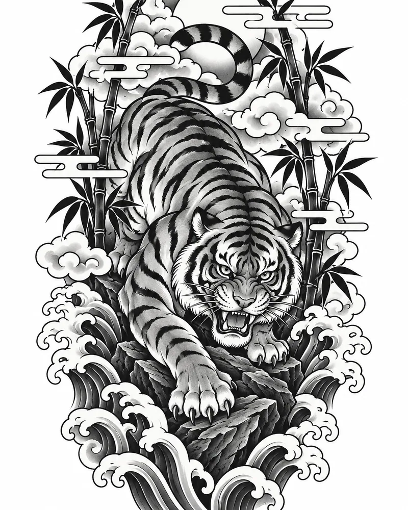 Japanese tiger in bamboo tattoo design, planned as a back piece
