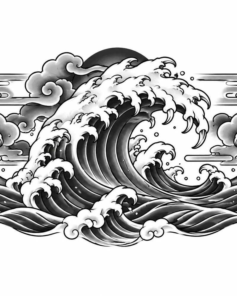 Japanese crashing wave tattoo design, planned as a chest piece