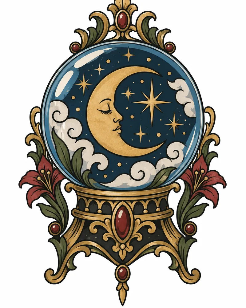 Neo-traditional crystal ball tattoo design with a crescent moon