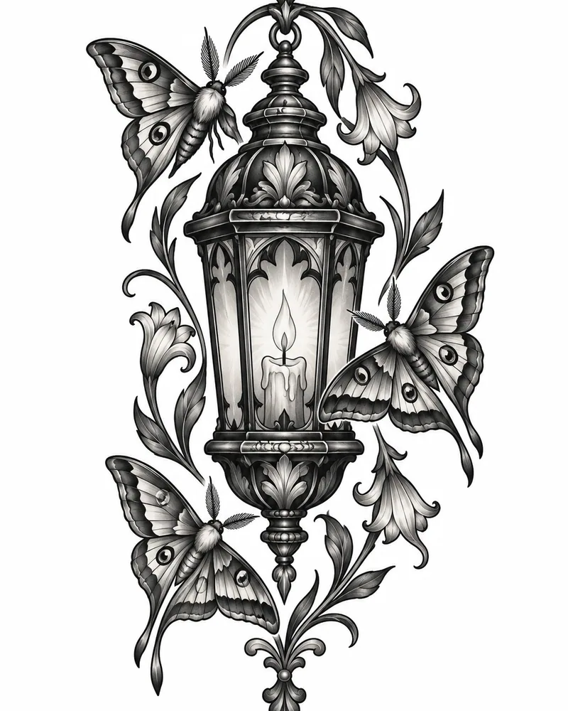 Neo-traditional lantern and moths tattoo design in black and grey