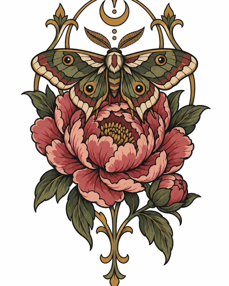 Neo-traditional moth on a peony tattoo design