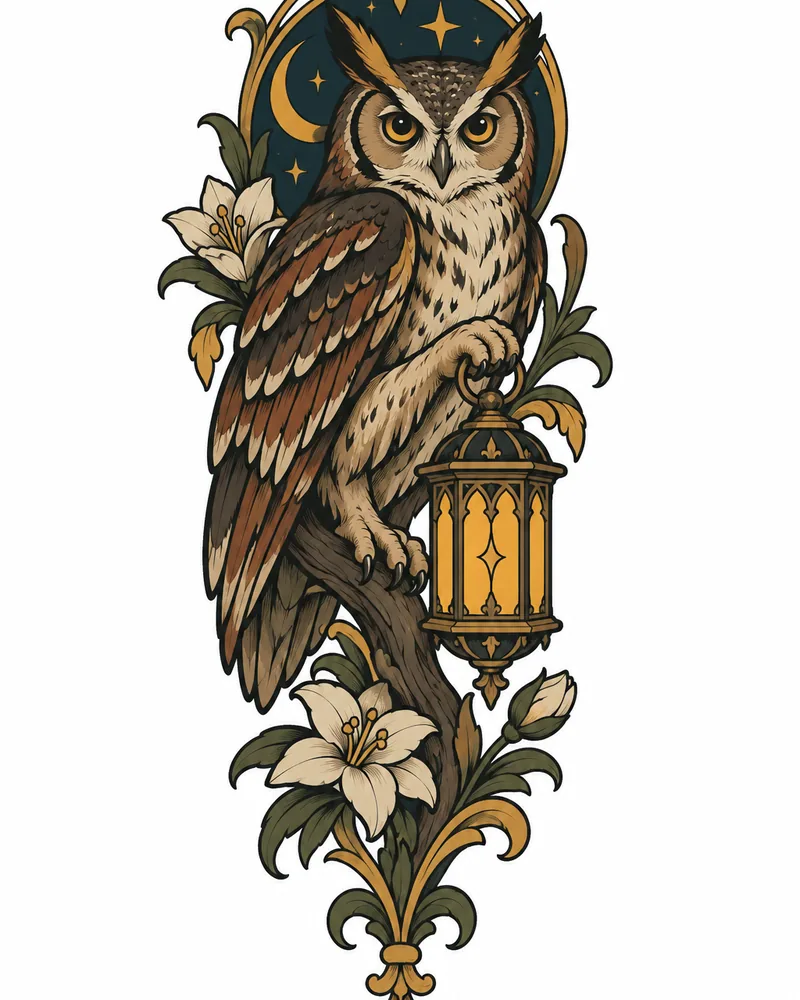 Neo-traditional owl and lantern tattoo design in jewel tones