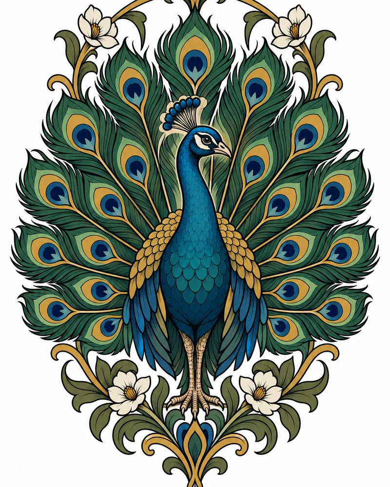 Neo-traditional peacock tattoo design with a fanned tail, planned as a back piece