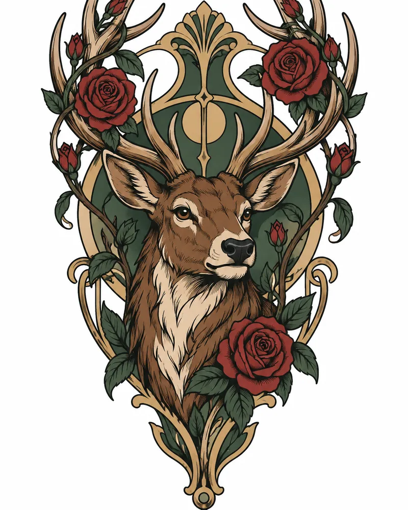 Neo-traditional stag with roses tattoo design