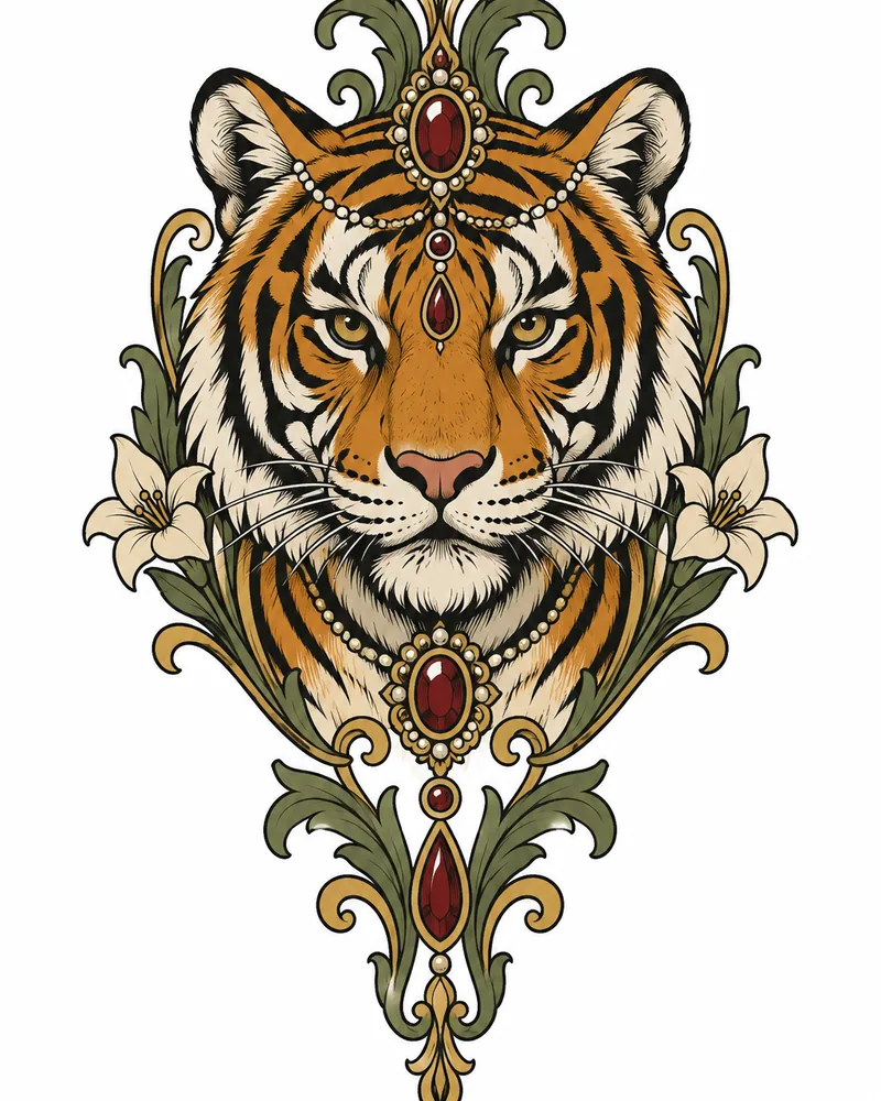 Neo-traditional tiger head tattoo design with jewels