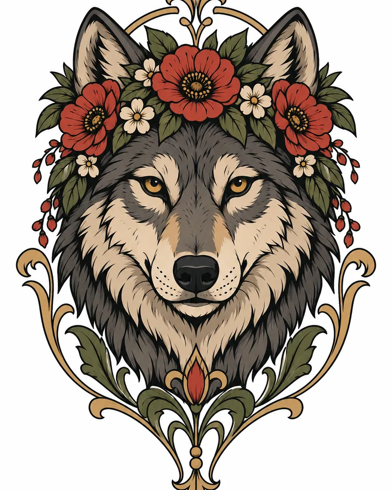 Neo-traditional wolf with a flower crown tattoo design