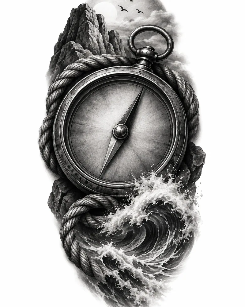 Realism antique compass tattoo design