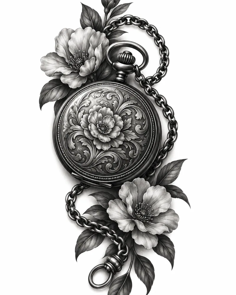 Realism closed pocket watch tattoo design with a chain