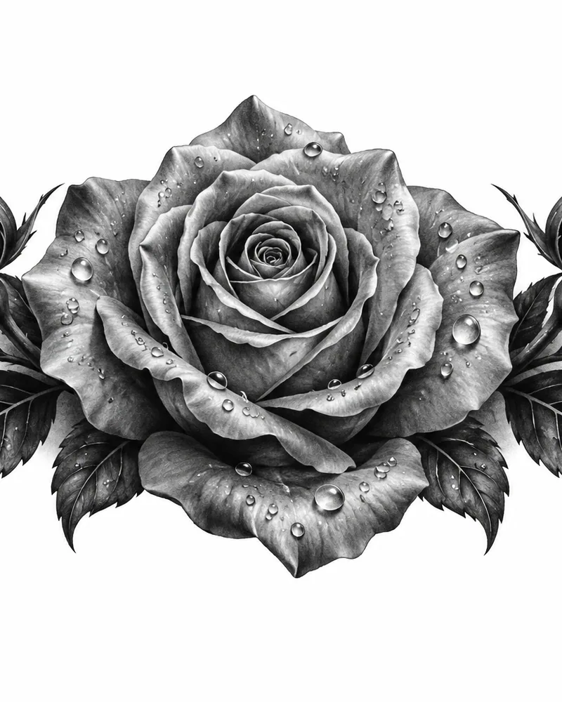 Realism dewy rose tattoo design, planned as a chest piece